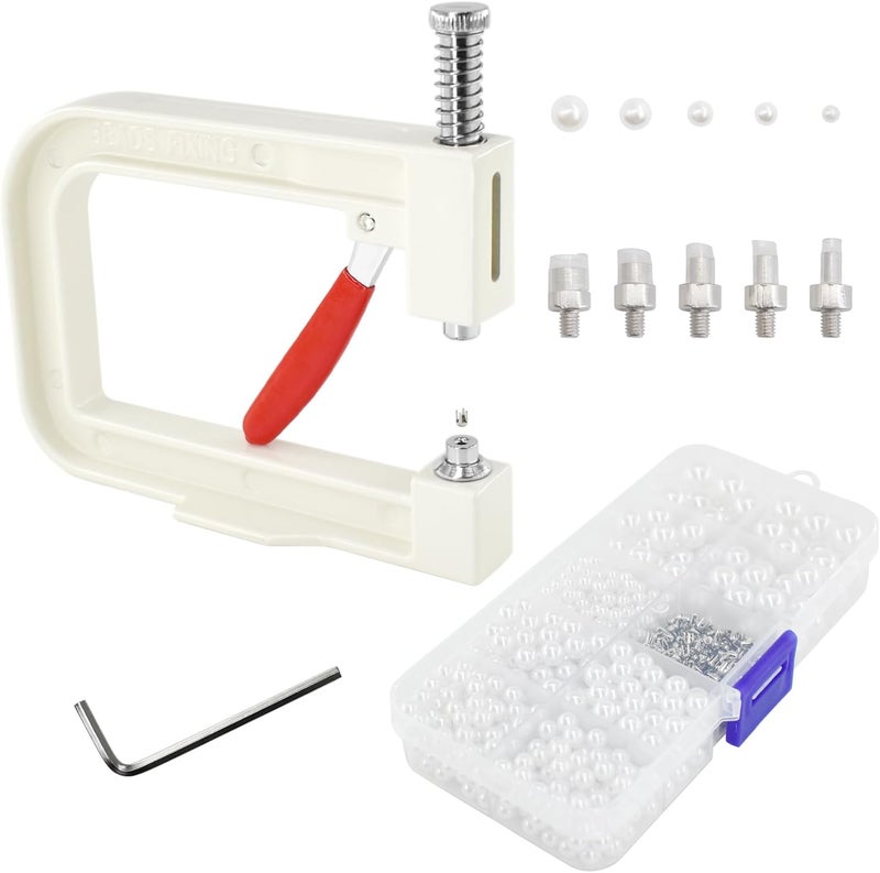 SHRJ Pearl Handmade Setting Machine with White Pearl Beads Rivet Studs and Tools Hand Press Machine for Decorating Clothes, Dresses, Bag, Hair Band DIY Crafts - Image 1